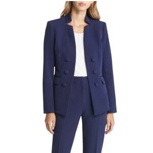 Tahari ASL Navy Blue Solid Faux Double Breasted Blazer Size 4 NWOT